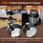 Dual head espresso tool distributing coffee grounds evenly and tamping for a perfect shot.