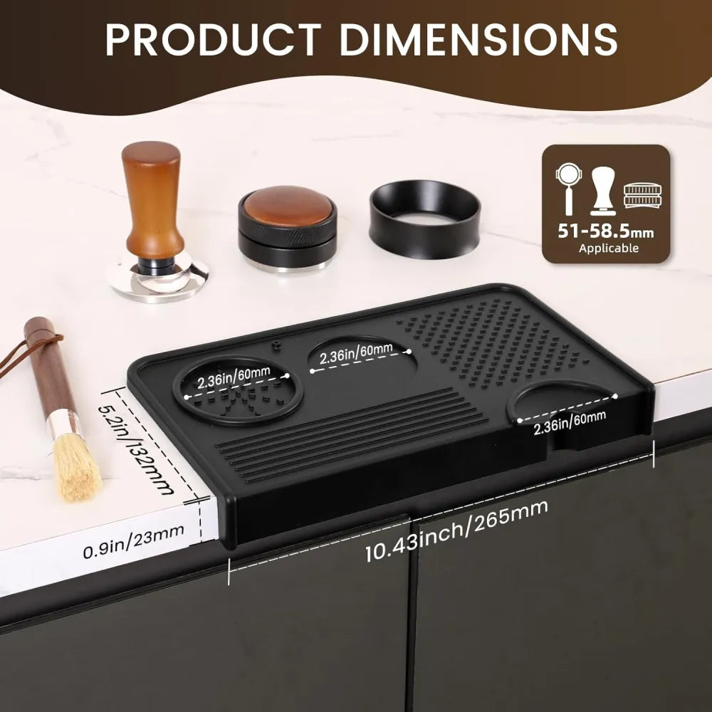 Product dimensions for universal 51mm to 58mm espresso silicone tamping mat and brush.