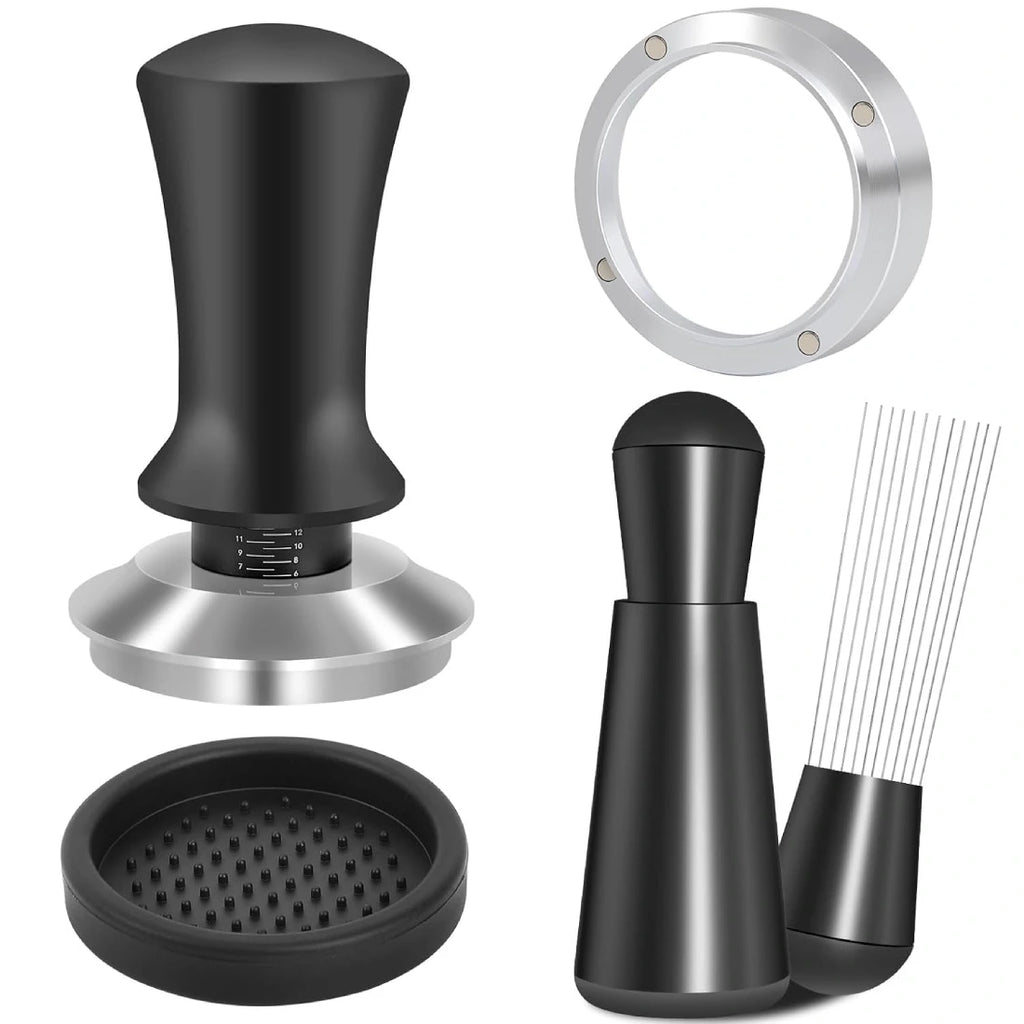 Culturbo espresso puck prep kit with tamper WDT tool dosing funnel and silicone mat
