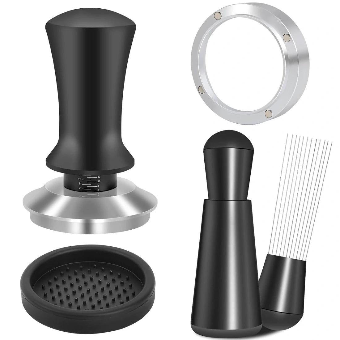 Culturbo espresso puck prep kit with tamper WDT tool dosing funnel and silicone mat
