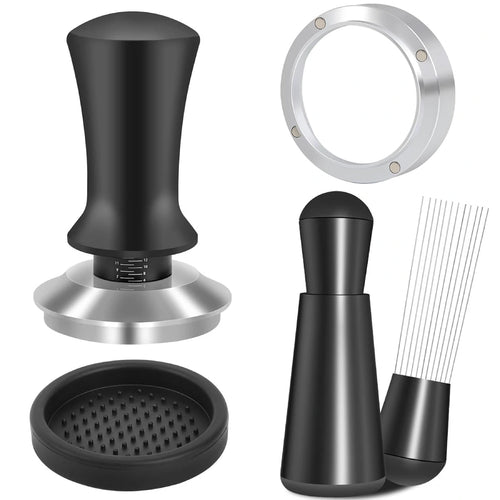 Culturbo espresso puck prep kit with tamper WDT tool dosing funnel and silicone mat
