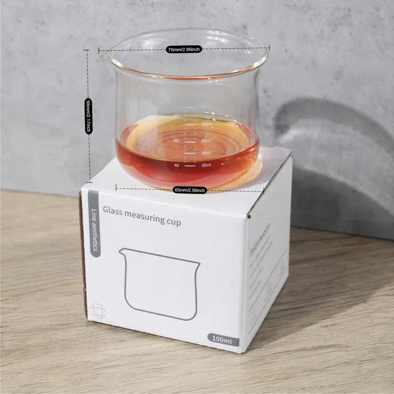 Culturbo handle-free espresso shot glass technical specifications showing base diameter (65mm), rim diameter (75mm), height (55mm), materials (Borosilicate Glass), and double shot capacity (100ml / 2.5oz).
