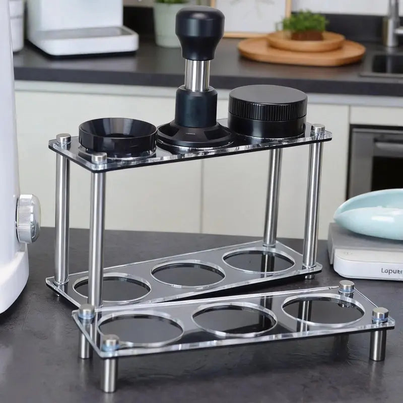 Acrylic espresso tool stand holding a dosing funnel and puck prep accessories