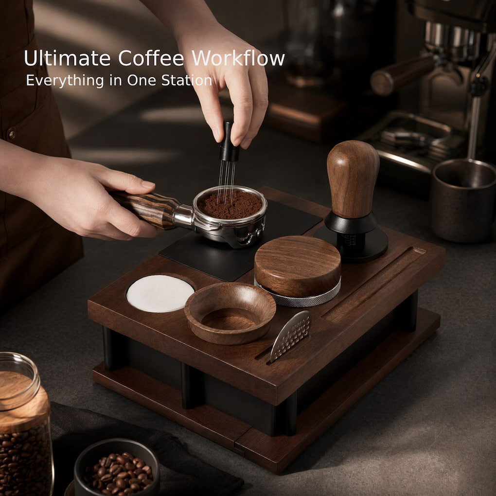 Culturbo espresso workflow station with built-in knock box drawer