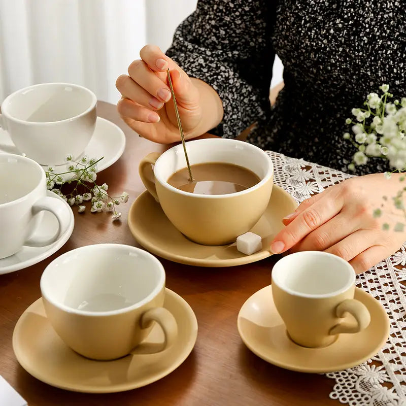 Khaki yellow latte cup and saucer for cappuccino and home coffee