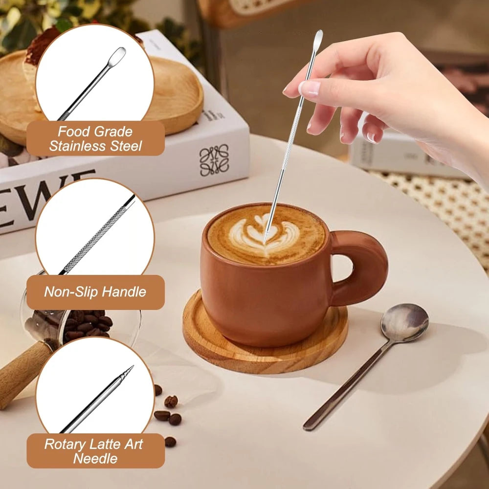 Stainless steel rotary latte art needle tool for intricate coffee designs.