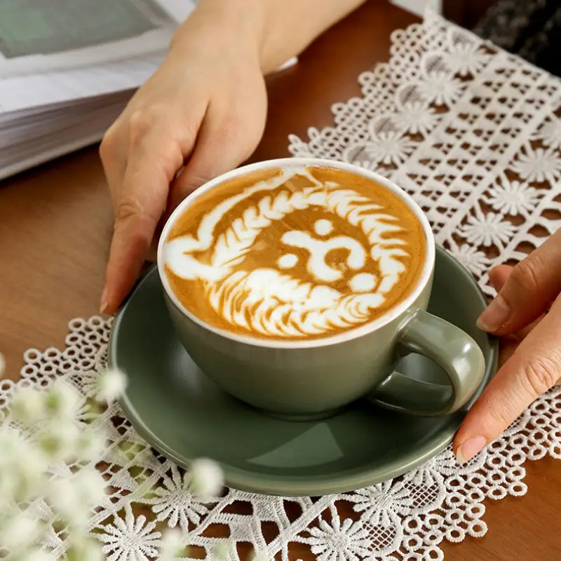 Matcha green wide-mouth latte cup and saucer for latte art