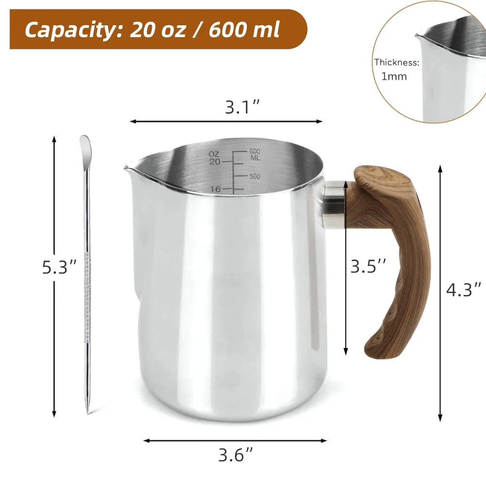 Product dimensions and capacity specifications for 20oz 600ml espresso steaming pitcher.
