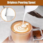 Dripless pouring spout on espresso milk pitcher ensuring clean and crisp latte art.