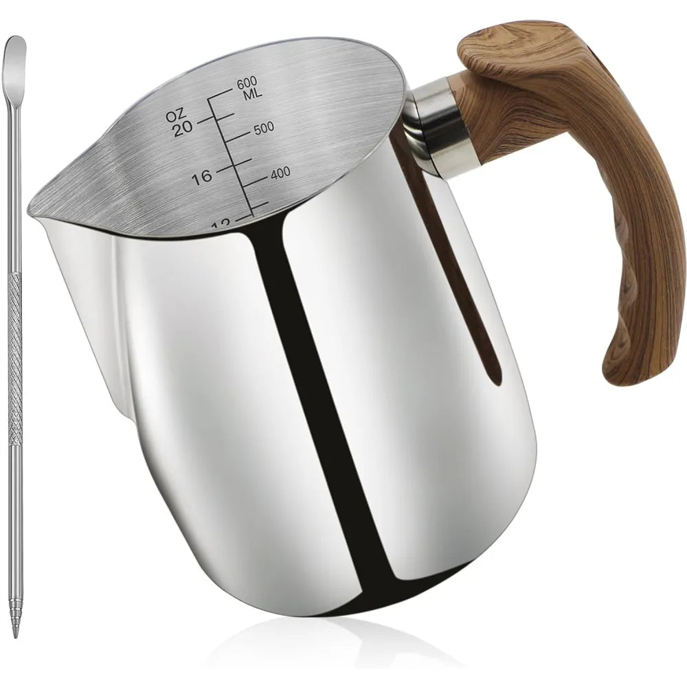 600ml stainless steel espresso milk frothing pitcher with latte art pen on white background.