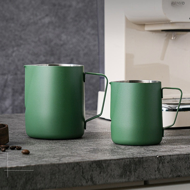 Culturbo matte green milk frothing pitcher for barista latte art.