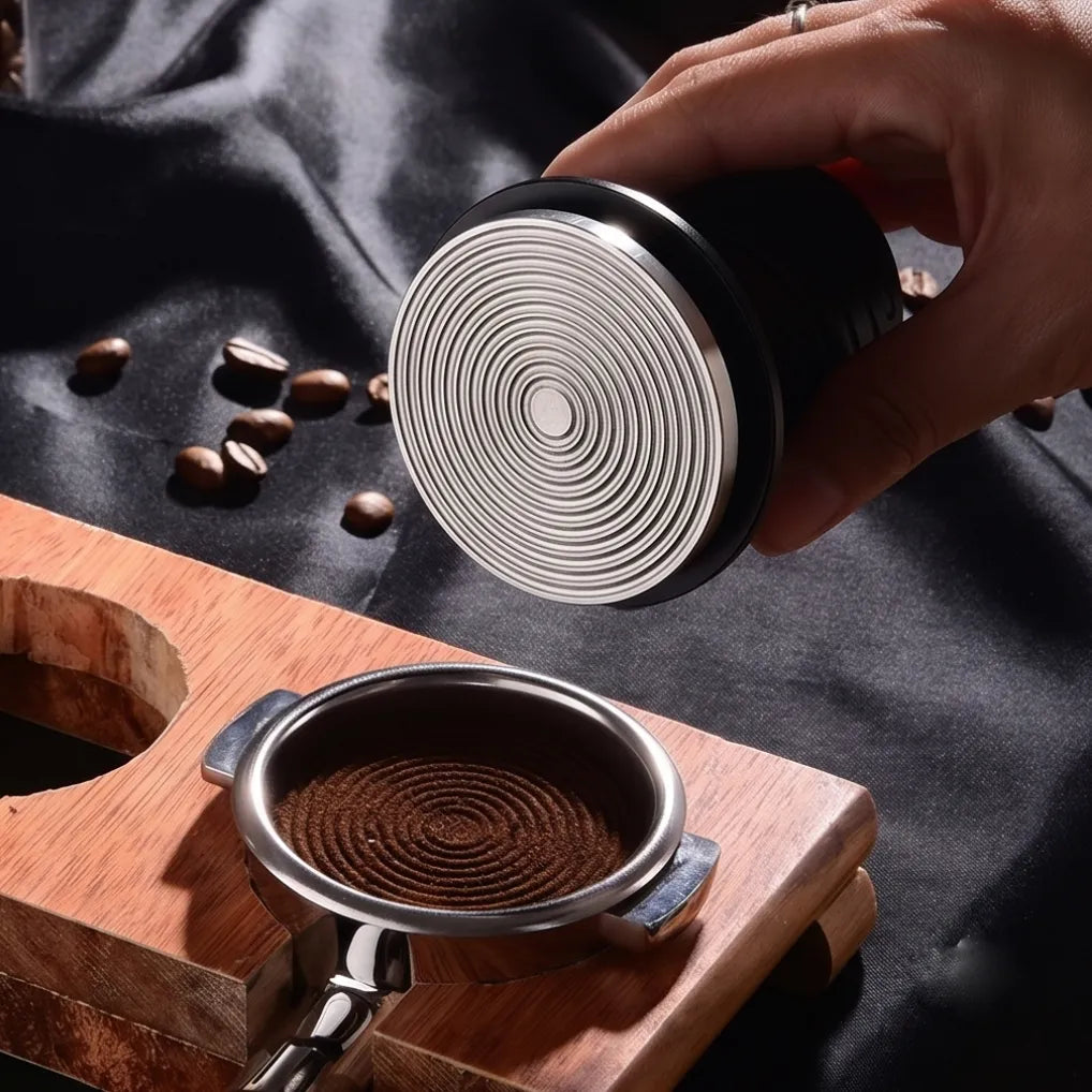 Close up of 304 stainless steel ripple base for espresso distribution.