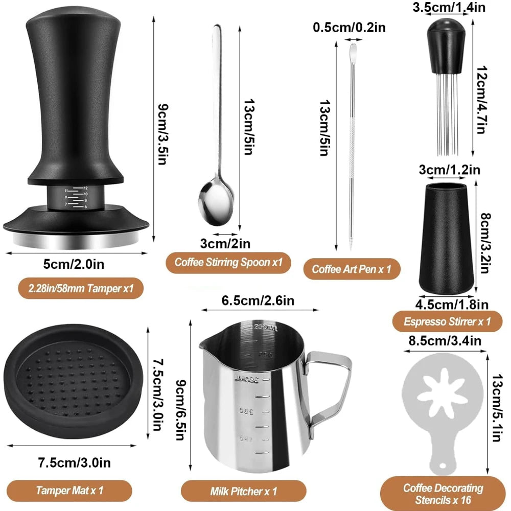 Dimensions and contents of the 22 piece espresso accessory set including WDT tool.