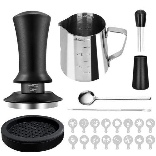 Complete 22 piece espresso barista starter kit with 58mm calibrated tamper and milk pitcher.