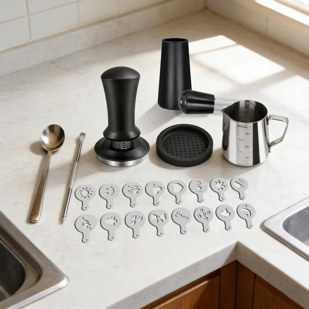 Complete set of espresso making accessories displayed on kitchen countertop.