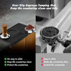 Non-slip silicone espresso tamping mat protecting countertop from scratches during tamping.