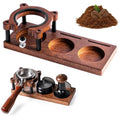 Walnut and iron espresso tamper station for professional coffee bar