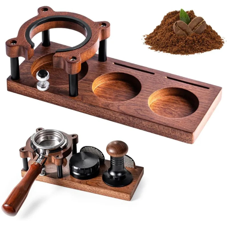 Walnut and iron espresso tamper station for professional coffee bar