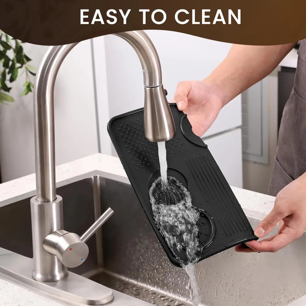 Easy to clean food grade silicone espresso tamping mat being washed under tap water.