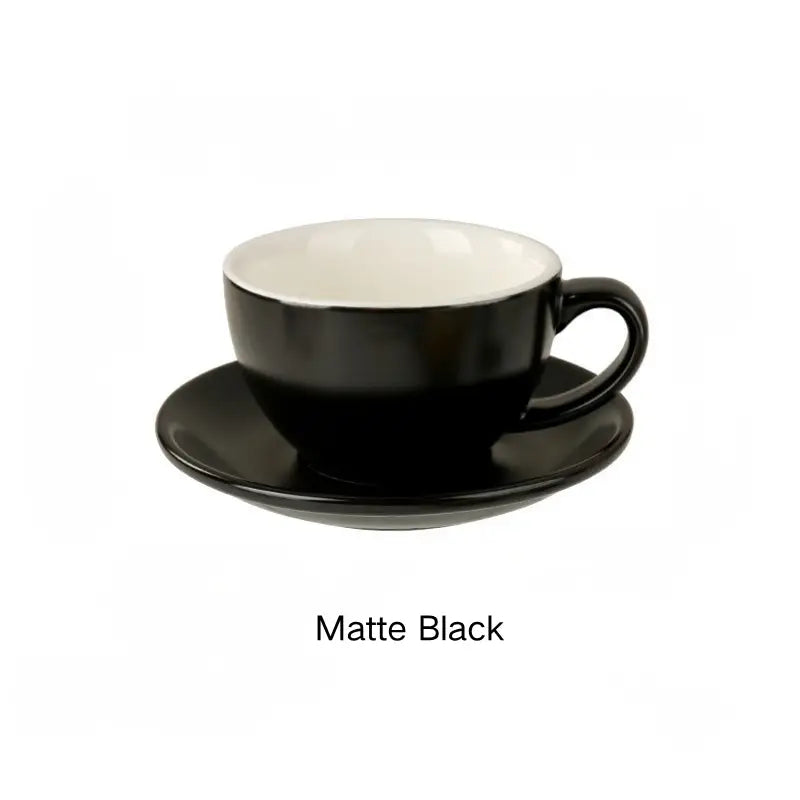 Matte black 10oz wide-mouth latte cup and saucer