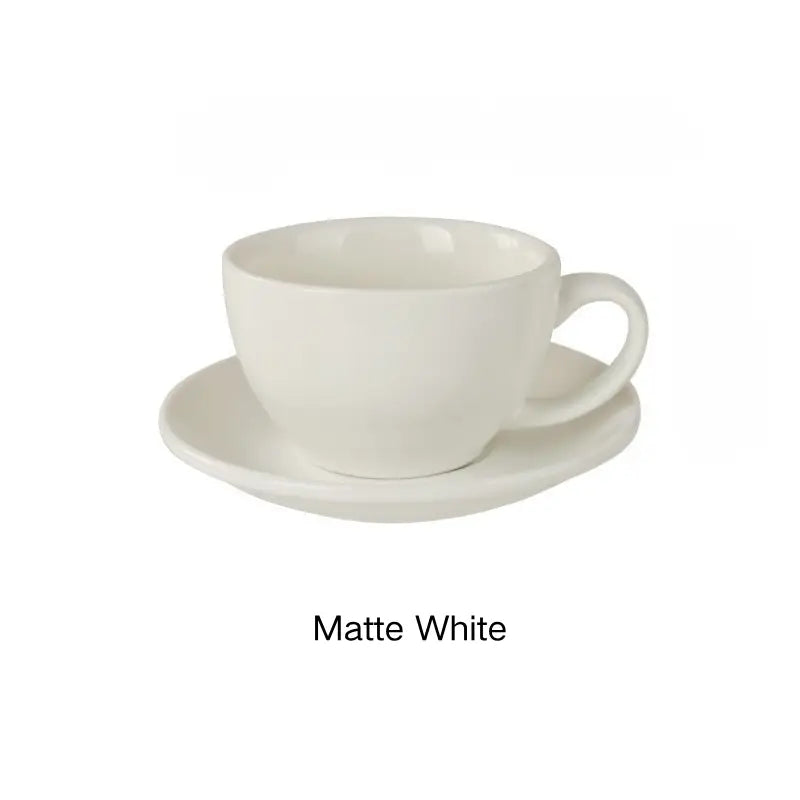 Matte white 10oz wide-mouth latte cup and saucer