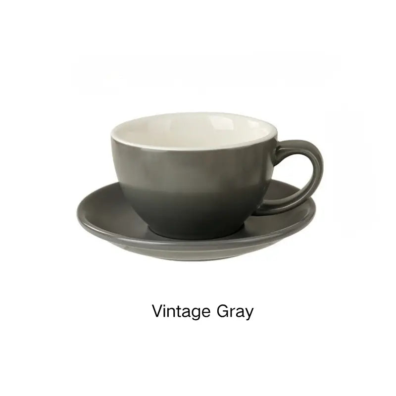Vintage gray 10oz wide-mouth latte cup and saucer