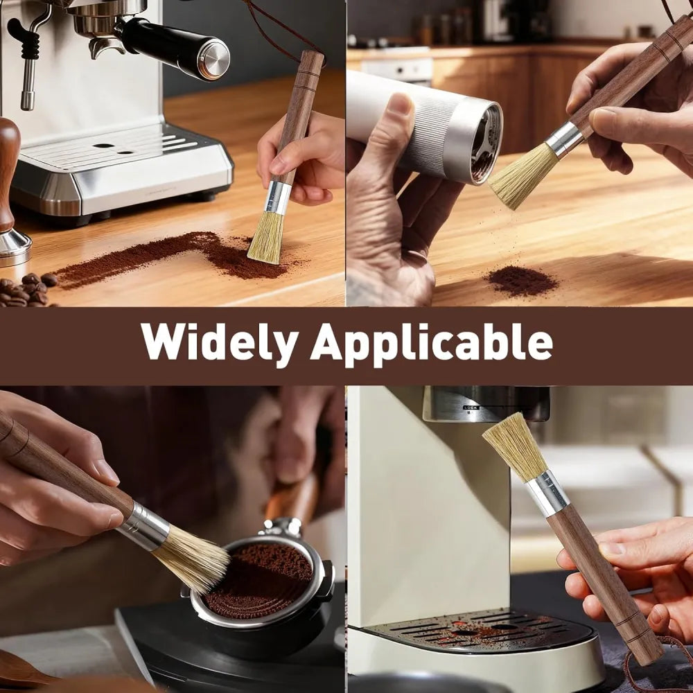 Natural wood espresso cleaning brush sweeping coffee grounds from grinder and portafilter.