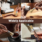 Natural wood espresso cleaning brush sweeping coffee grounds from grinder and portafilter.