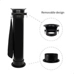 Matte black floor standing coffee grounds bin with dashed lines illustrating the detachable shock-absorbing rubber knock bar and the stable non-slip base for modular cleaning and maintenance.