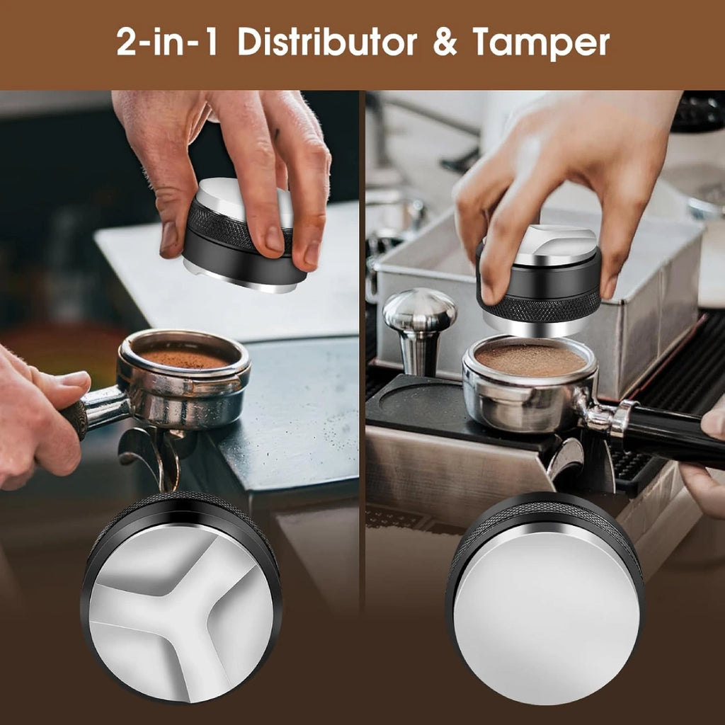 Barista using 2-in-1 dual sided espresso distributor and tamper for fast puck prep.