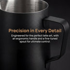 Comfortable handle design on precision milk frothing pitcher