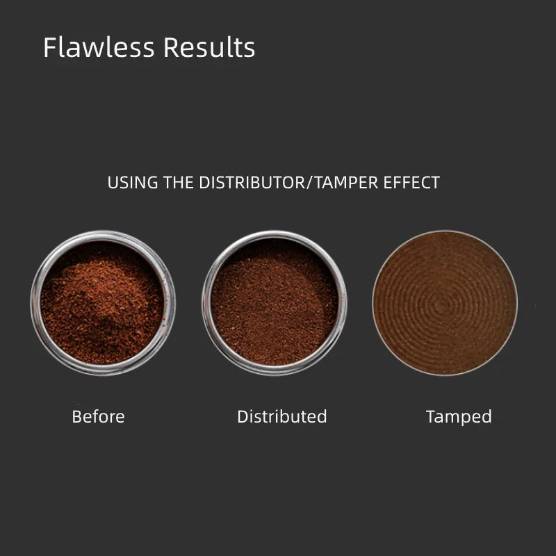 Comparison chart showing espresso powder before, distributed, and perfectly tamped to eliminate channeling.