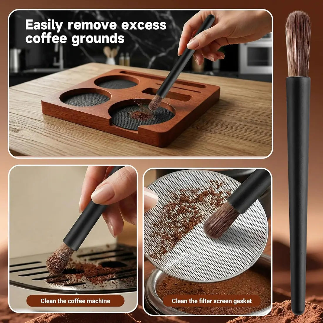 Soft cleaning brush removing excess coffee grounds from portafilter and puck screen.