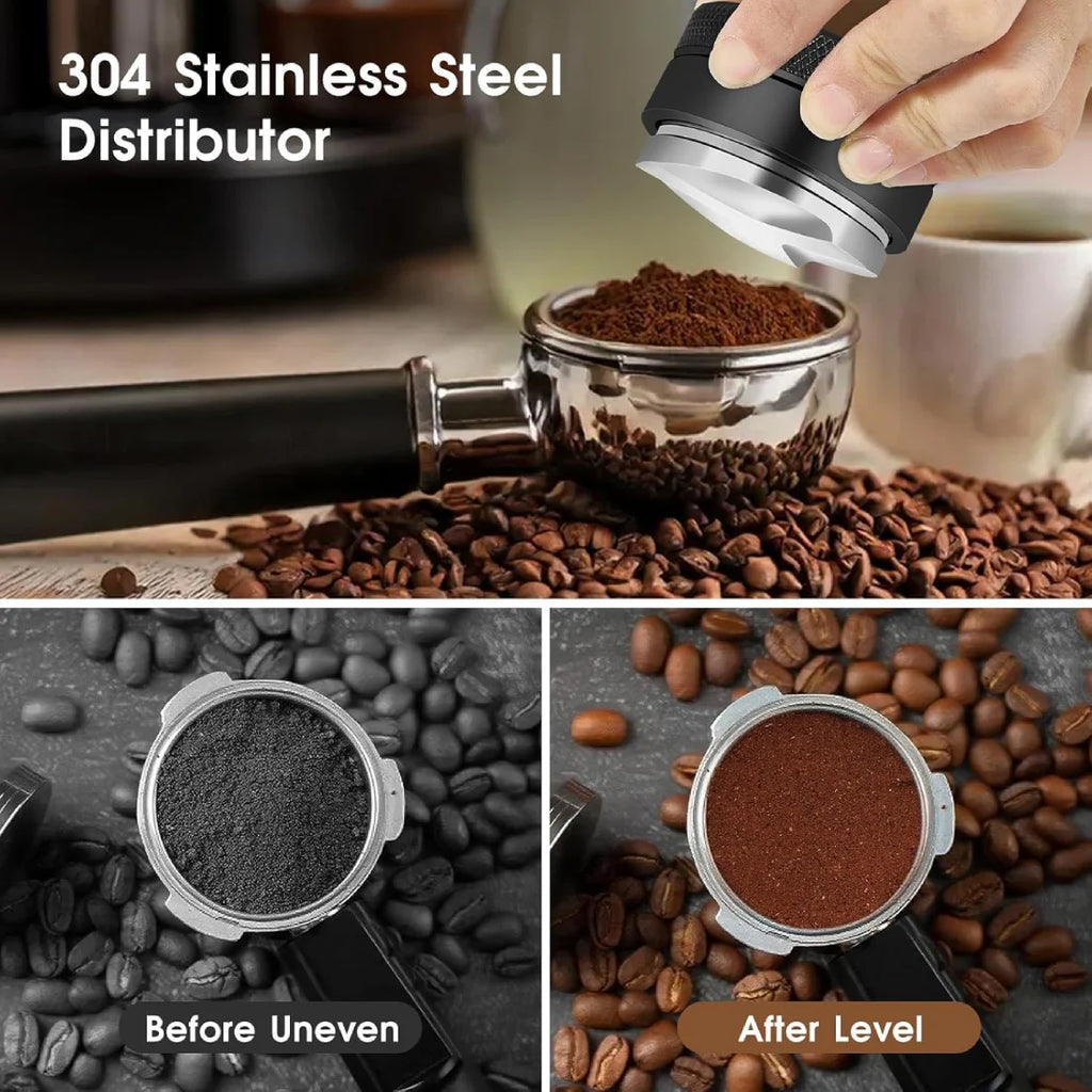 Before and after using 304 stainless steel espresso distributor to level coffee grounds.