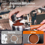 Espresso distributor leveling coffee grounds evenly for consistent extraction.