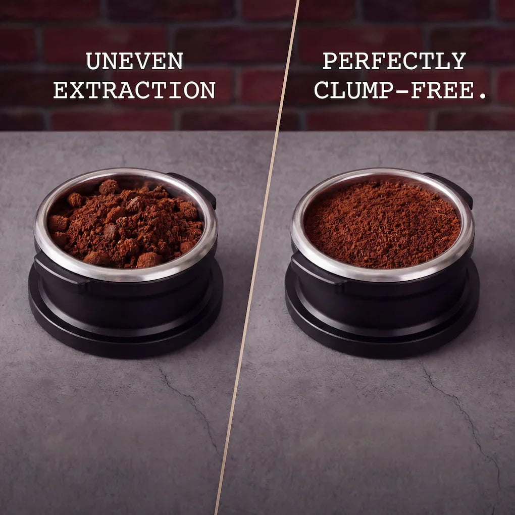 Espresso needle distributor tool before and after clump-free results