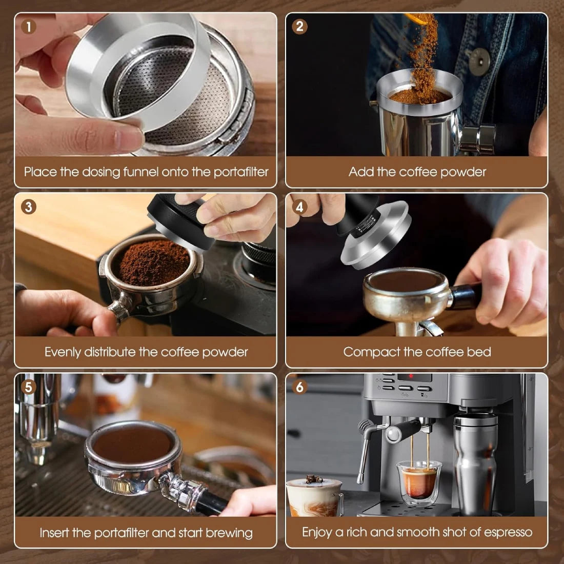 Step by step espresso puck preparation workflow using dosing funnel, distributor, and tamper.