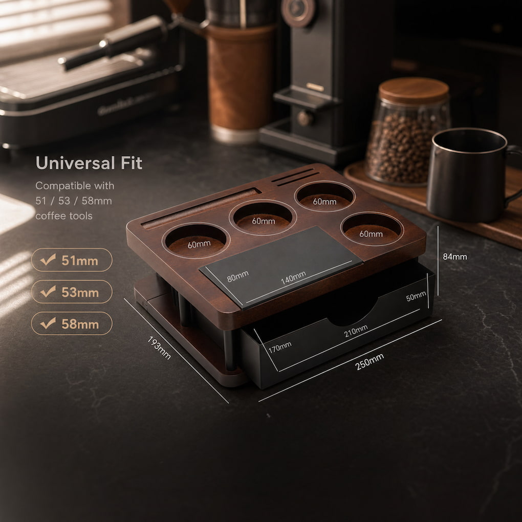 Espresso workflow station for 51mm 53mm and 58mm portafilters