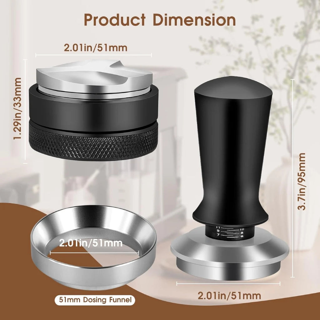Dimensions and specifications for 51mm 54mm 58mm espresso tamper and distributor set.