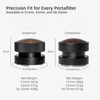 Size chart for 51mm 53mm and 58.35mm espresso portafilters