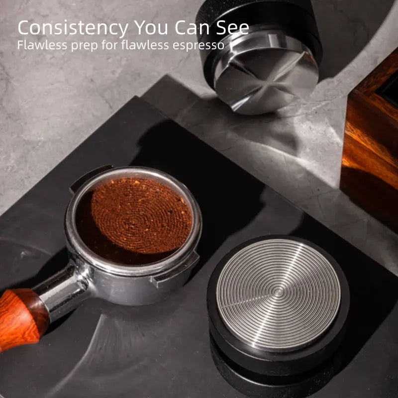 Perfect espresso puck with concentric ripple pattern after tamping