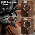 Barista using WDT espresso stirrer to break clumps before tamping.