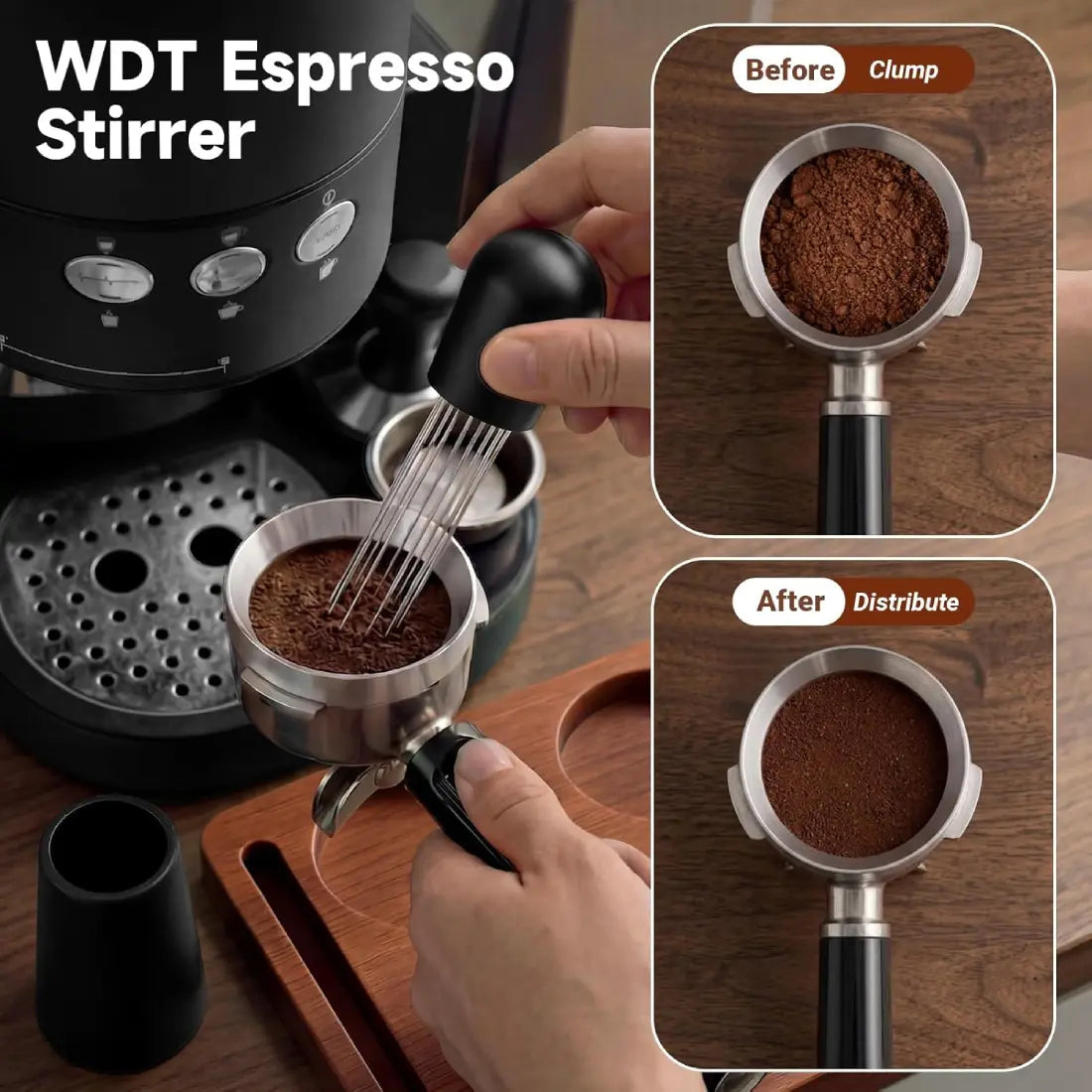 Barista using WDT espresso stirrer to break clumps before tamping.