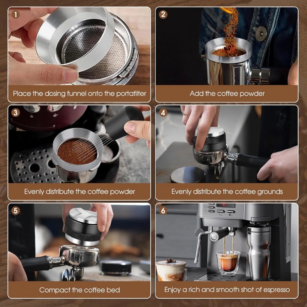 Complete espresso puck prep workflow using WDT stirrer and dual sided distributor tamper.