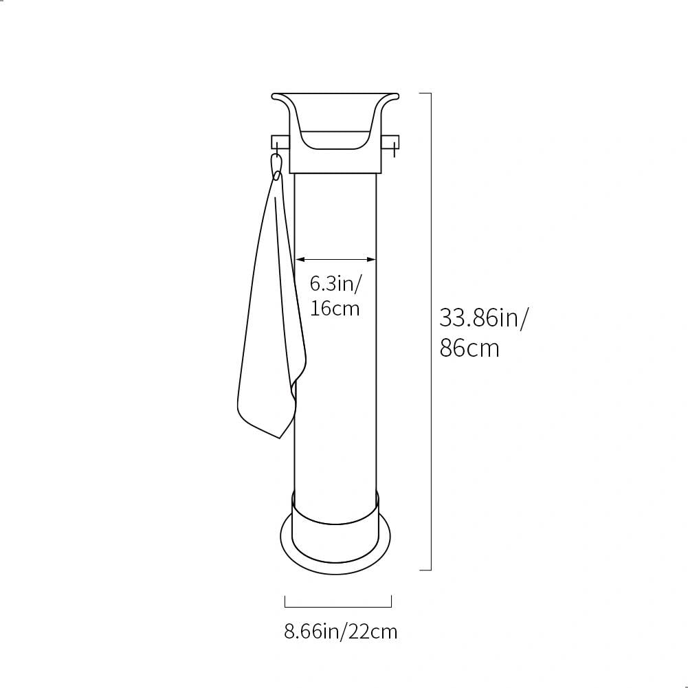 Dimension diagram of the floor standing coffee ground bin showing 86cm height and 16cm diameter casing.