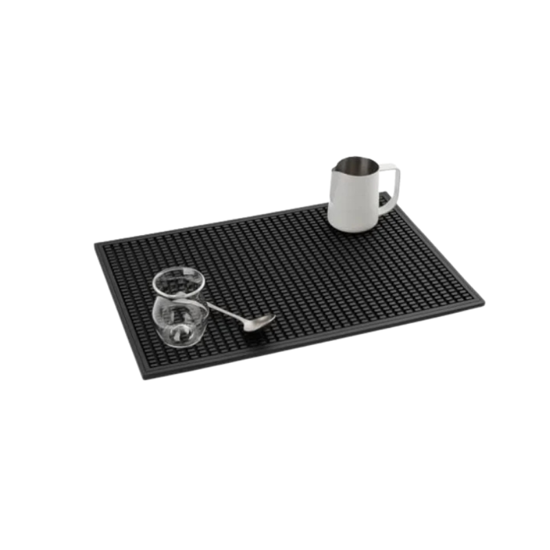 18x12 inch heavy duty silicone coffee bar mat with raised spill lip for espresso station.