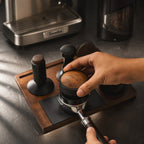 Espresso puck prep setup with portafilter and tools on Culturbo workflow station