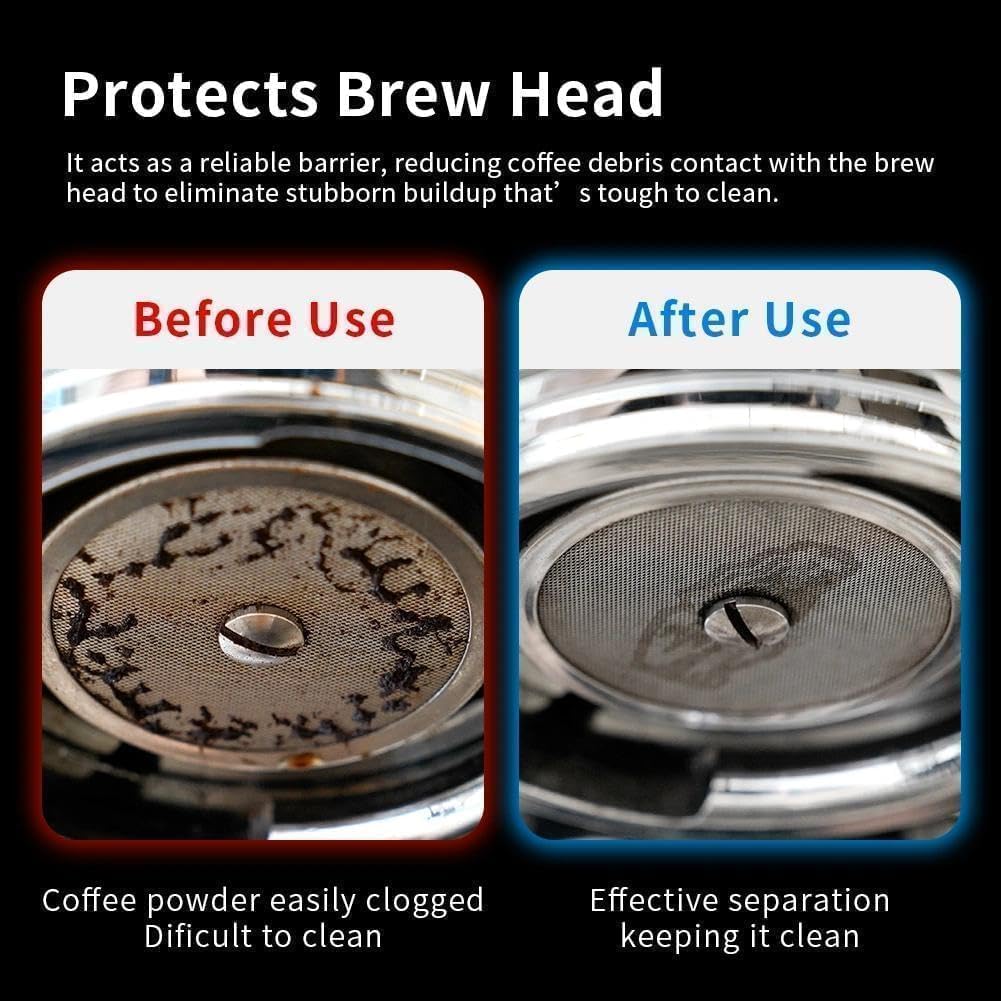 Split screen visual showing a clean espresso portafilter before use (left) and a group head dirty with grinds backflush (right) prevented by the puck screen.