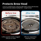 Split screen visual showing a clean espresso portafilter before use (left) and a group head dirty with grinds backflush (right) prevented by the puck screen.