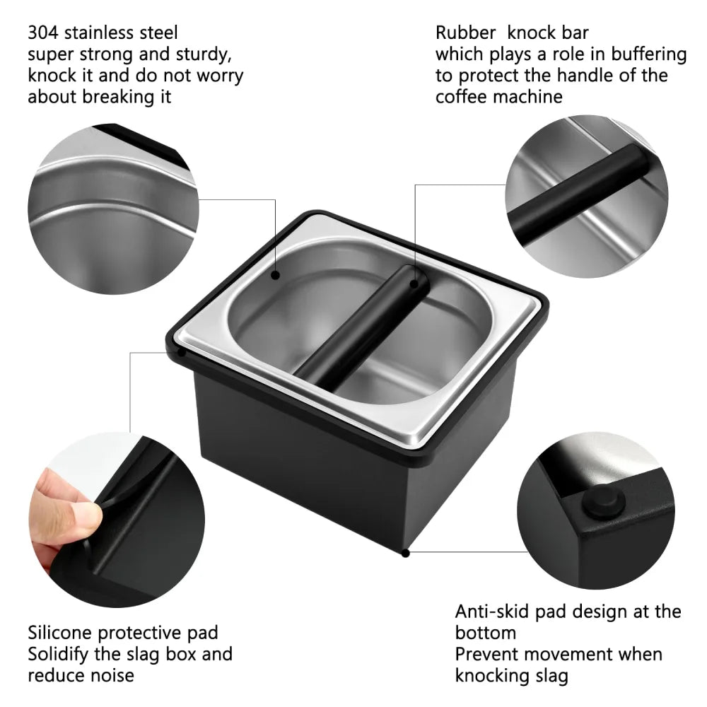 Profile view of the empty small size stainless steel coffee knock box container with thick smooth rolled edges.